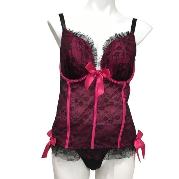 Cacique Black Corset Teddie And Thong 2-Piece Set Size 
18/20 Top
14/16 Thong - Picture 1 of 12